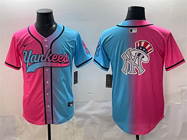 Men's New York Yankees Team Big Logo Pink/Blue Limited Stitched Baseball Jersey